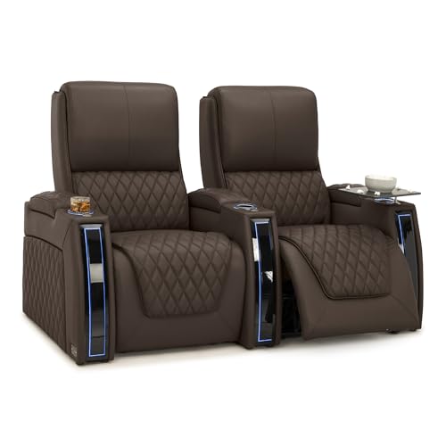 Image of Seatcraft Apex Brown Italian Leather Home Theater Seating, Zero Gravity Power Recliner, Powered Headrest and Lumbar Gaming and Home Office Chair, Lounge Sofa Furniture for Cinema Room, Row of 2