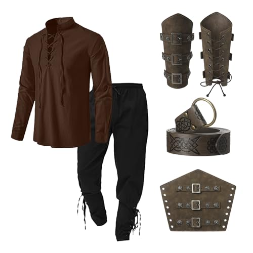 Genérico Traje Granate Hombre Ropa para hombres Ropa medieval Ropa para hombres Camisa clásica con cordones Camisa Pantalones Conjunto de accesorios Impermeable Hombre Bicicleta (Brown, XXXL)