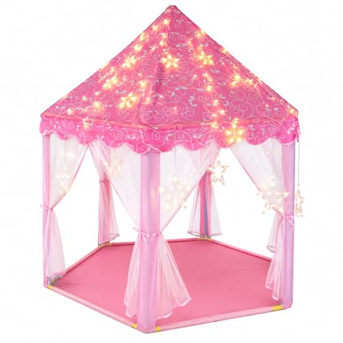 Image of BabyGo Pink Fairy Castle Play Tent for Kids with Star Lights, Pink Princess Indoor Playhouse with Mesh Curtains & Canopy Roof, Kids Pretend Play Tent for Bedroom, Playroom & Gifting