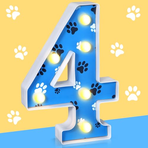Image of Havawish Blue Paw Dog Birthday Light up Number Sign Dog Birthday Party Decorations for Boy Themed Party Supplies Prop Backdrop Sign, 8.58 Inches(Number 4)