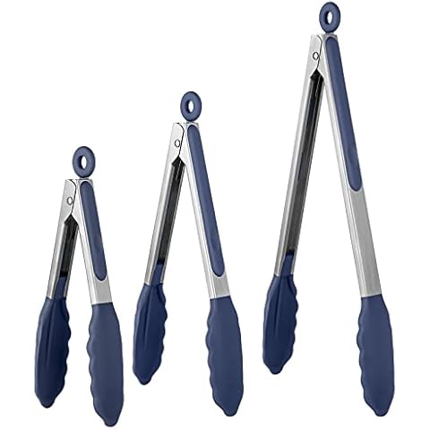 U-Taste 315℃ Heat Resistant Kitchen Tongs Set of 3, 18/8 Stainless Steel Grill Food Tongs with Non-Stick Silicone Tips & Handles for Cooking, BBQ, 18/23/30 cm (Midnight Blue) Cover