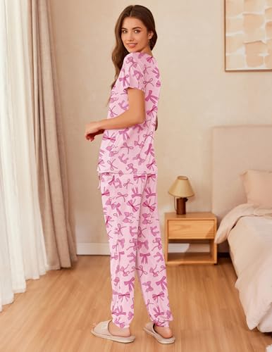 Image of Ekouaer Womens Pajama Sets Short Sleeve Lounge Sets for Women Printed Jogger Pajama Set 2 Piece Pj Sets With Pockets S-XXL