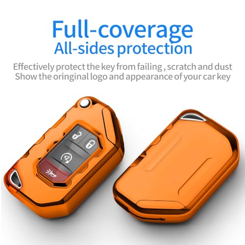 Image of Compatible with Jeep Key Fob Cover with Leather Keychain Soft TPU Protection Key Case for 2018-2026 Wrangler JL JLU Rubicon Wagoneer Gladiator JT Sahara JLU Remote Key (Orange)