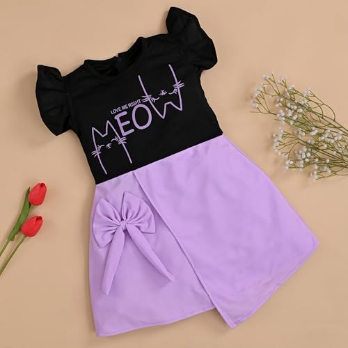 Image of ER Life Style Casual Cotton Blend Meow Printed Knee Length Ruffle Short Sleeves Dress for Girls