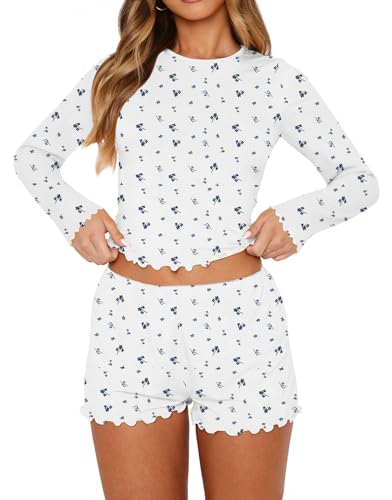 Image of Lacozy Cute Pajama Sets for Women 2 Piece Floral Print Fall Pj Set Woman Long Sleeve Crop Top and Short Y2K Sleep Set