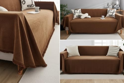 Image of The Furnishing Tree Reversible Double Sided Chenille Throw Sofa Cover, Anti-Slip Couch Cover, Comfy Sofa Towel for All Seasons, 3 Seater, herringbone woven texture Rust Brown
