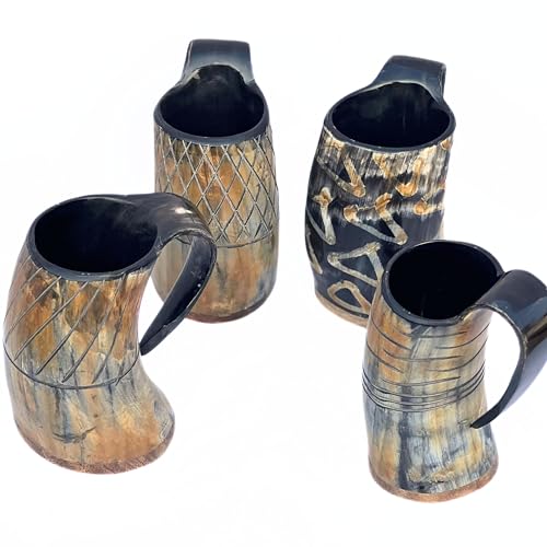 Set of 4 Viking Drinking Horn Mugs – Handcrafted Natural Ox Horn Tankards with Wooden Base | Food-Grade Lined Mead, Ale & Beer Mugs | Authentic Medieval Norse Decor & Collectible Gift