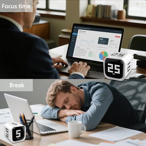 Image of Rotating Focus Timer, 5 /25 /10 /50-Minute Pomodoro Timer, Desk Flip Countdown with Vibration & Volume Control, ADHD-Friendly Tool for Office, Study, and Kitchen (Black)