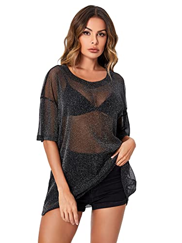 WDIRARA Women's Glitter Sheer See Through Short Sleeve Mesh Top Tee Blouse