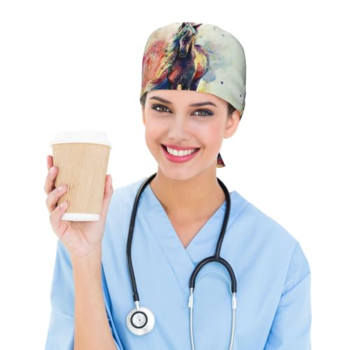 Image of Cute Pug Dog Print Working Cap Scrub Cap with Sweatband,Adjustable Fashion Bandage Tie Back Hat Headwear for Women Men