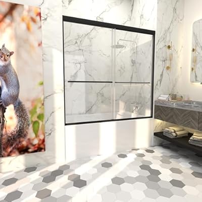 KeepTech 56-60 in.W x58 in.H Adjustable Semi-Frameless Bathtub Sliding Shower Door with 1/4" Clear SGCC Tempered Glass, Matte Black Finish, Dual Sliding,Integrated Towel Bar, Install Left and Right