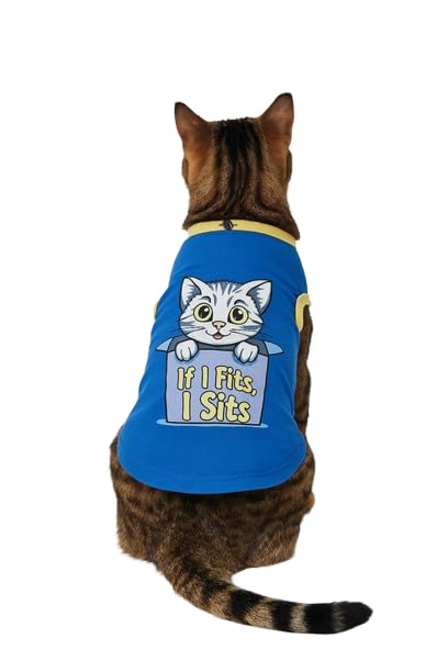 Image of Thunder Tails Printed Cat T-Shirt for Small to Large Cats & Kittens | Lightweight Breathable Cotton Pet Apparel | Cute & Stylish, Comfortable Round Neck Cat Clothes (S, Blue)