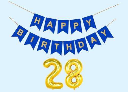 Image of 28th Happy Birthday Decoration Kit Dark Blue for 28 year Old Boys Girls Men with Number Twenty-eight Party Decorations Decor Celebration Items Item Set Combo Reusable Paper Banner