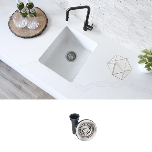 Image of Stylish 15.5 x 17.5 Inch Composite Granite Kitchen or Bar Sink, Single Bowl Under Mount & Drop in, 8.5 in Deep, Rear-Center Drain, with Strainer, White, S-816H