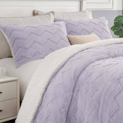 Image of BEDELITE Fluffy Sherpa King Comforter Set,Lavender | Super Soft & Warm Fleece Bedding, Luxury Fuzzy Comforter for Winter, Heavy Plush Bedding Set,2 Pillowcases