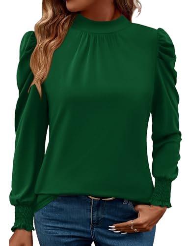 Image of LUYAA Puff Long Sleeve Shirts for Women Tops Dressy Casual Frill Mock Neck Smocked Cuffs Blouses