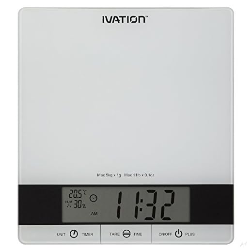 Digital Kitchen Scale w/Timer, Clock, Temperature & RH Levels – Provides Super Accurate Readings in Ounce, Fluid Ounce, Milliliter, Pound: Ounce & Gram Weight Units – Features 11-Pound Capacity & One-Button Tare Setting – White