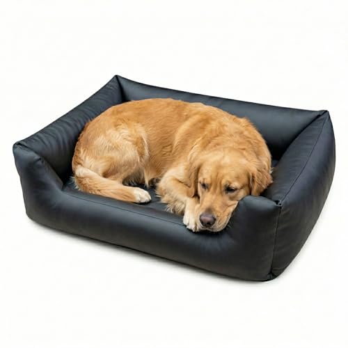 4L Textil Mario Premium Hundebett aus Kunstleder - Wasserfestes & Kratzfestes Hundesofa für Mittelgroße Hunde, Formstabiler Hundekorb mit Abnehmbarem Bezug (100x70x25 cm, Schwarz)