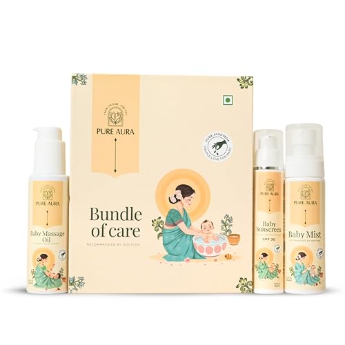 Image of Pure Aura Soothing Care Trio - Doctor Recommended Baby Body Mist, Ayurvedic Massage Oil & SPF 30 Baby Sunscreen Combo for Newborns & Sensitive Skin