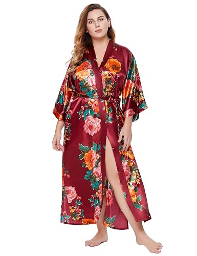 Image of BABEYOND Women's Kimono Robe Long Satin Silky Floral Lightweight Bridesmaid Wedding Bachelorette Party Robe