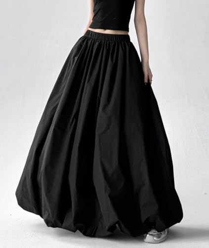 Femiserah Women's Elastic High Waist Pleated Solid Color Bubble Skirt A-Line Lantern Long Skirt2