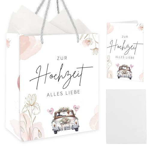 THXFUNAREA Geschenktüte Hochzeit 26x22x10cm+2 Geschenkpapier Hochzeit+Hochzeitskarte,Geschenktüten Geschenkverpackung HochzeitT Rosa Kleines Geschenk Zur HHochzeit Geschenke für Brautpaar