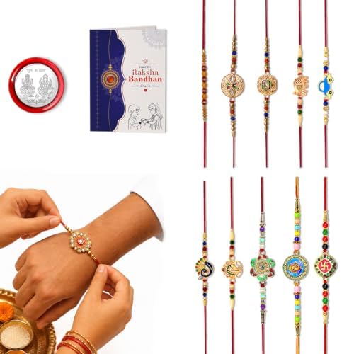 Image of Periapt Golden Rakhi Thread Bracelets for Brother - Traditional Indian Festival Bands for Raksha Bandhan, Handmade Ethnic Rakhi Combo with Decorative Packaging