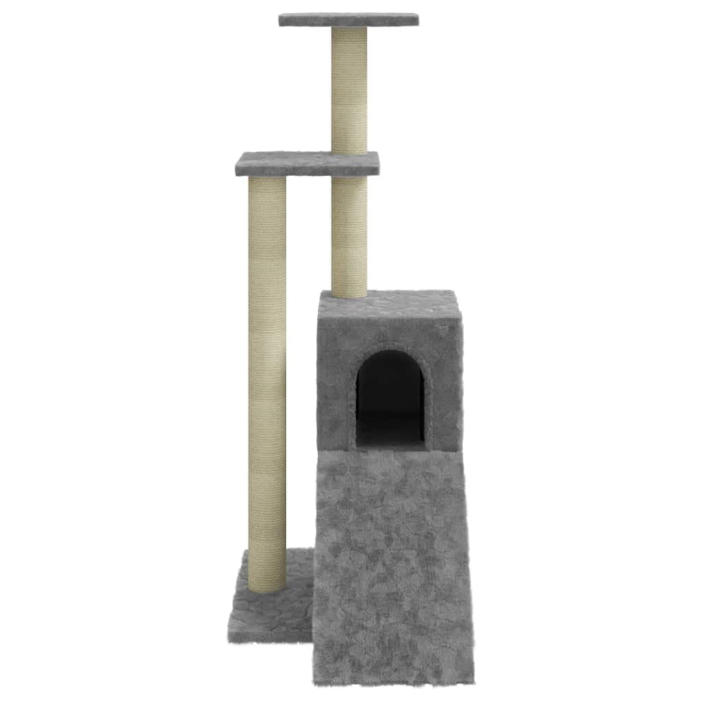 Rascador de 92 cm con pilares rascadores de sisal y casa para gatos, color gris claro | Árbol de escalada compacto para el salón con cueva de peluche, rampa de escalada y plataforma de observación para gatos.