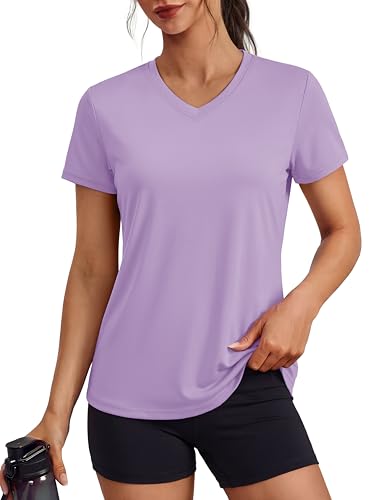 MAGCOMSEN Short Sleeve Shirts for Women Quick Dry SPF 50 Summer T Shirts Exercise Running Workout Shirts Grey Purple L
