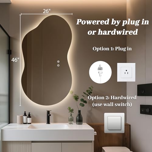 Image of WallBeyond 46 inchx26 inch Asymmetrical Bathroom Mirror with Lights, Irregular LED Backlit Vanity Mirror for Modern Master Bathroom, Dimmable Anti-Fog Mirror, Horizontal /Vertical Mount