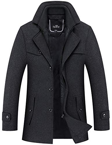 Men's Coat Wool Jacket Single Breasted Winter Pea Coat Detachable Collar Windbreaker 651 Dark Grey M