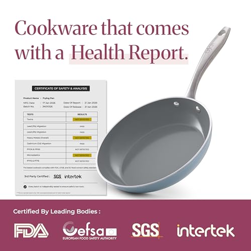 Image of Asai Ceramic Pan for Cooking 24cm Swiss Non-Stick Frying Pan with Lid | Blue | Lab-Tested | 100% Toxin Free | No PFAS, PFOA, PTFE | Superior Swiss Ceramic | Induction Safe │ ISI & FDA Approved