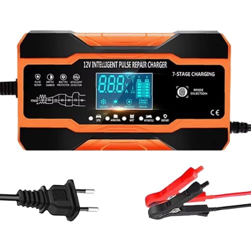 Chargeur de Batterie 12V/24V 12A, Charge Rapide Intelligente avec Réparation d'Impulsion, 7 Étapes, Compatible AGM, Gel, Wet, Plomb-Acide – Performance et Sécurité Maximales (Orange)