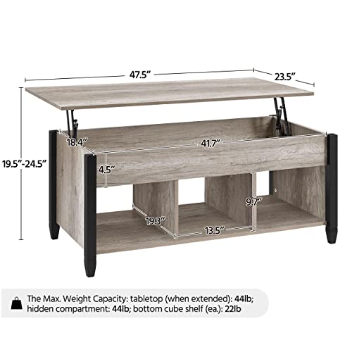 Topeakmart Lift Top Coffee Table With Storage Hidden Compartment & Shelf, Adjustable Height Pop-Up Center Table For Living Room Reception, Grey, 47.5In L #TOP4