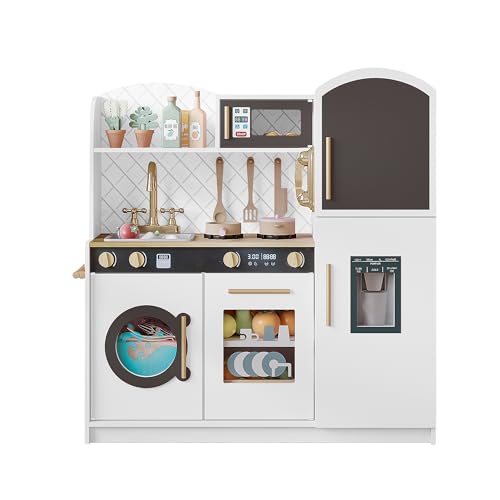 Treocho Play Kitchen for Kids, Wooden Toddler Kitchen Set with Storage, Modren Design Toy Kitchen with Faucet&Sink, Stove, Chalkboard, Icemaker and Various Accessories for Kids Ages 3+, White