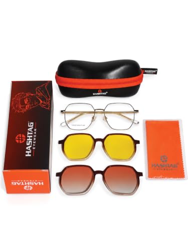 Image of HASHTAG EYEWEAR 3-in-1 Magnetic Clip-On Polarized Sunglasses for Men | Spectacle Frame with UV400 Protection | Day & Night Magnetic Glasses | Clip-On Eyewear for Men