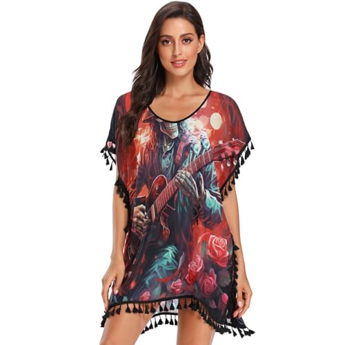 KAAVIYO Red Rose Skull Guitar Women's Beach Cover Up Chiffon Tassel Swimwear Swimsuit Coverups for Girl
