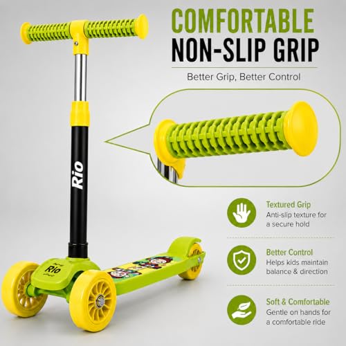 Image of MiniExplorer Rio Kids Kick Scooter for Boys & Girls 3-12 Years - Green | Adjustable Height Foldable Scooter with Rear Brake & Anti-Slip Deck | 3 Wheel /2 Wheel Outdoor Scooter for Kids