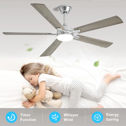 Image of Depuley 60-inch Ceiling Fan with Light: Nickel Ceiling Fan for Living Room Indoor Outdoor - Modern Ceiling Fan with Remote Control 3CCT Dimmable Noiseless 5 Reversible Silver Blades 6 Speeds Timer