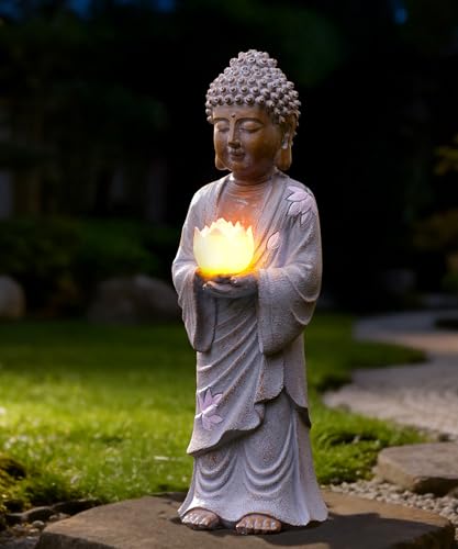 Yeomoo Figurine de Bouddha debout avec LED solaire Lotus Décoration de jardin – Figurine de jardin de méditation résistante aux intempéries Décoration...