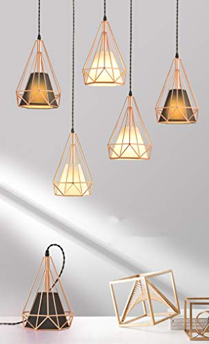 Efinehome 1 Light Hanging Swag Lamp With Plug In 15 Ft Cord On/Off Switch With Pull Chain- Rose Gold Industrial Vintage Cage Pendant Light (Long Diamond) #TOP5