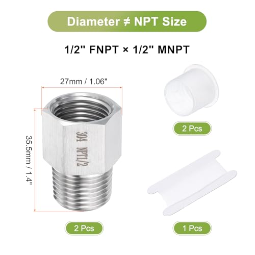Image of uxcell 2 Pcs Pipe Fittings Reducer Adapter 1 /2 inch NPT Male Pipe x 1 /2 inch NPT Female Pipe Stainless Steel Adapter Pressure Gauge Connector for Oil Air Gas Hydraulic Systems
