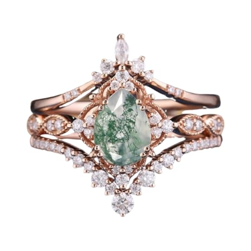 10K 14K 18K Rose Gold 2CT Natural Moss Agate Engagement Ring Set for Women 925 Sterling Silver Genuine Pear Green Moss Agate Leaf Art Deco Bridal Wedding Ring Set (Size 4-15)