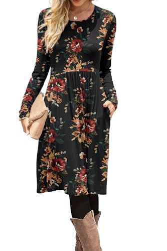 5% off - DB MOON Women Casual Long Sleeve Dresses Empire Waist Loose Dress with Pockets (Brown Floral Black,...
