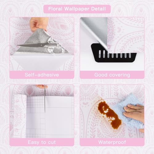 Papel tapiz bohemio extraíble y papel de contacto rosa y blanco 7