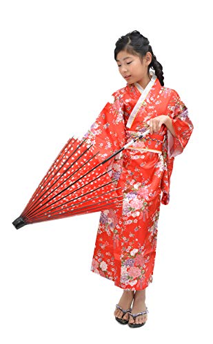 Tikusan Japanese Traditional Dress Kimono Yukata Robe for Kids Girls Costume (8-9 Years, Red)