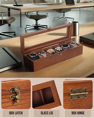 Image of Watch Box, Watch Case for Men Women with Large Glass Lid, Wooden Watch Display Storage Box with 6 - Slots, Retro Walnut Mens Watch Box Organizer