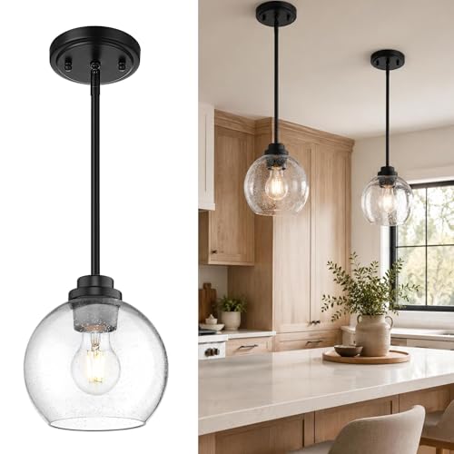 Image of Pendant Lights Kitchen Island, 7 inch Modern Black Hanging Lights Fixtures with Clear Seeded Glass Globe Shade, Kitchen Island Lighting for Bathroom, AD-22280-1P-BK-S
