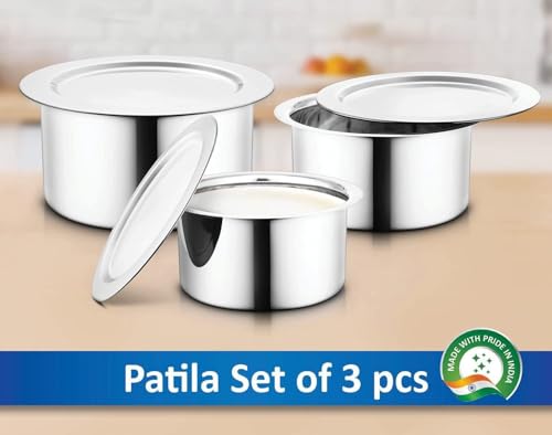 Image of Jensons Stainless Steel Tope Set with Lids | 3 Pieces | 800 ml to 1300 ml | Induction and Gas Stove Compatible Cooking Pots | Stackable Milk Pan Patila | Silver