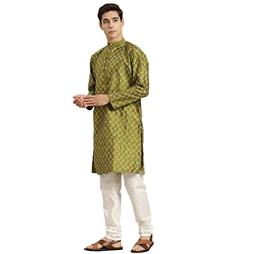 Image of SOJANYA, Men's Silk Blend NavyBlue Kurta with Multi Color Embroidery and Off-White Pyjama